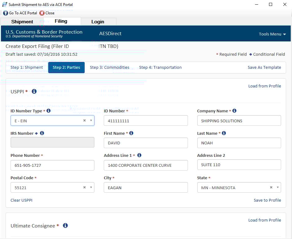 Automated export system aes data fields on the ace portal